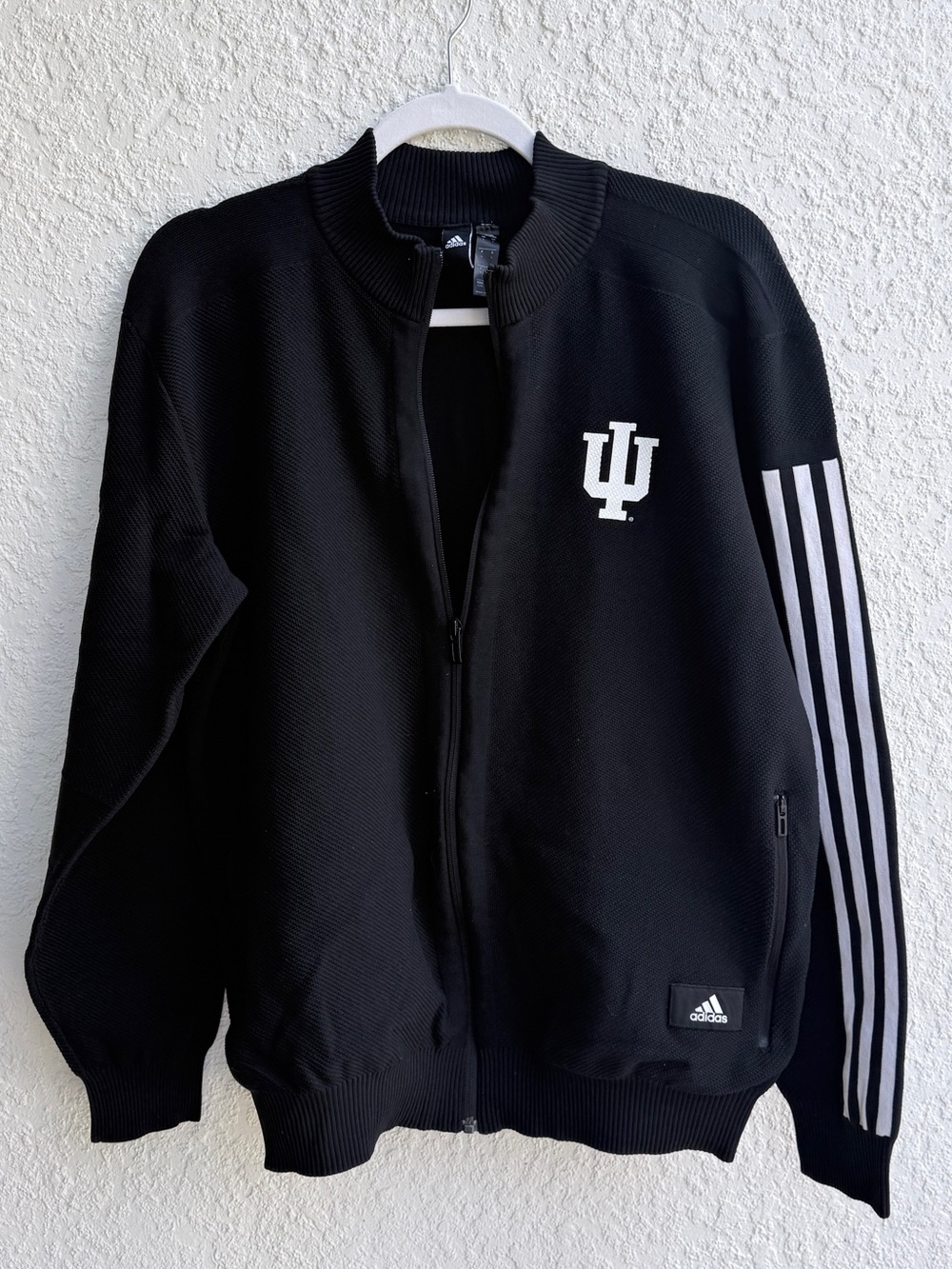 IU Indiana University Adidas Black Bomber Jacket with White Stripe Sleeve
